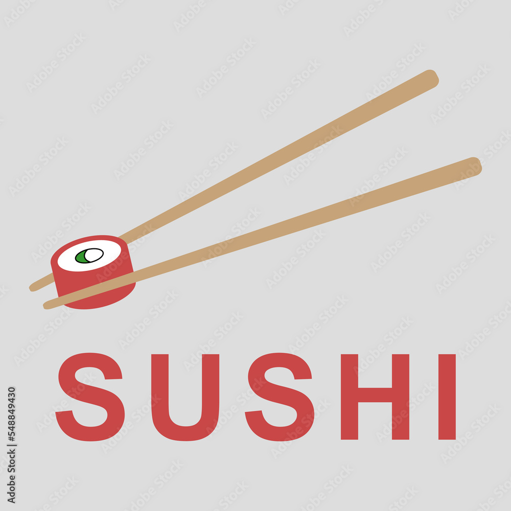 Sushi with salmon, vector. Sushi with salmon and chopsticks, at the bottom the inscription Sushi. Sushi with salmon, vector. Sushi with salmon and chopsticks, at the bottom the inscription Sushi.