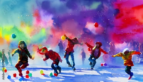The children are outside throwing snowballs. They are laughing and having a good time. The snow is falling gently around them, adding to the scene of winter beauty.
