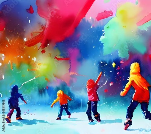 In the picture, kids are throwing snowballs at each other and appear to be having a great time. The winter scenery is beautiful with the trees and houses covered in snow.