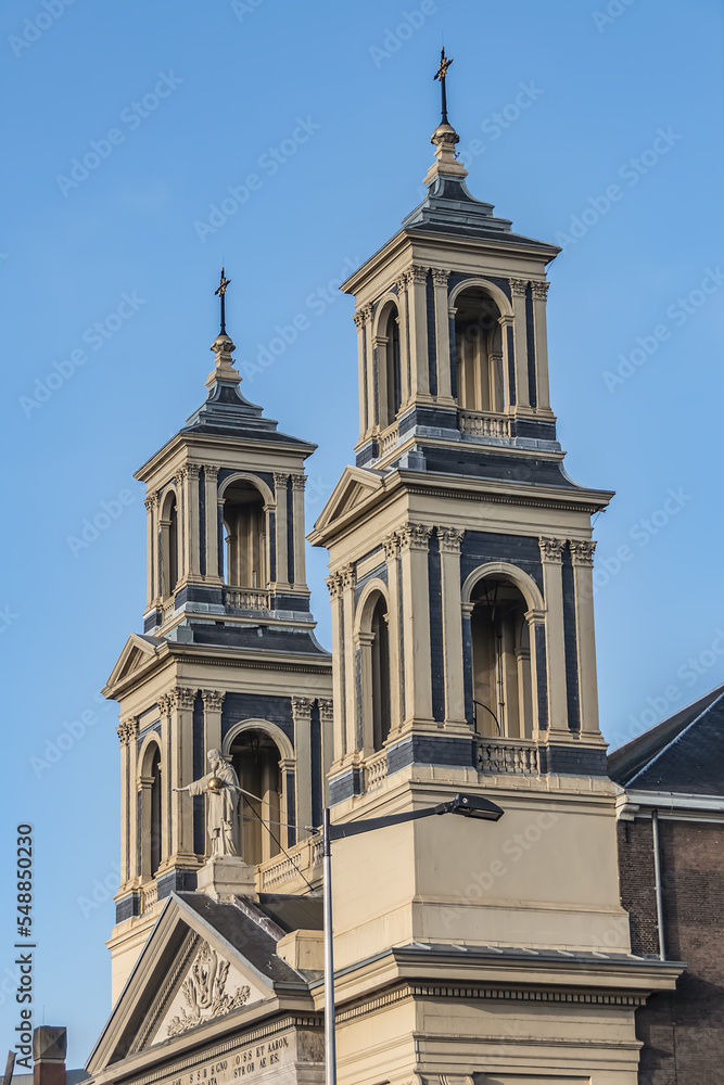 Moses and Aaron Church (Mozes en Aaronkerk) at Waterlooplein neighborhood is officially Roman Catholic Church of St. Anthony of Padua (Sint-Anthoniuskerk, 1841). Amsterdam, The Netherlands.