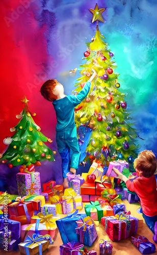 The kids are eagerly tearing into their gifts, wrappers and bows flying everywhere. They laughing and gasping in delight at what Santa brought them.