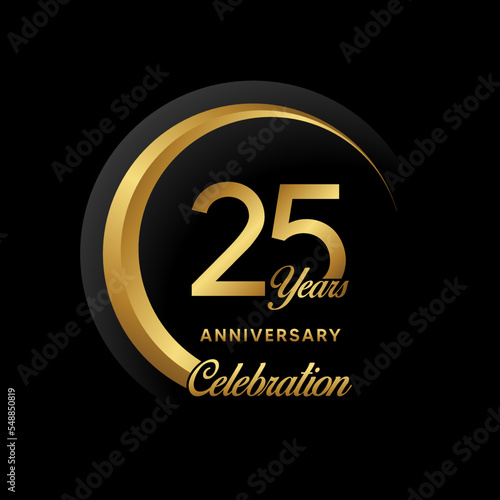 25th Anniversary. Anniversary logo design with golden ring for Anniversary celebration event. Logo Vector Illustration