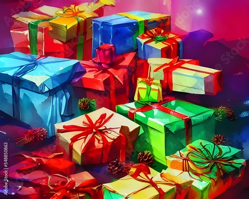 In the picture, there are several wrapped present laying underneath a Christmas tree. The presents have different sizes and colors, hinting at what might be inside them. A few strings of lights are al