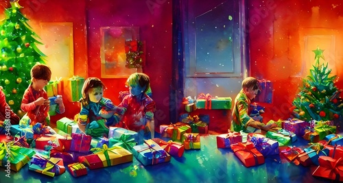 The kids are excitedly tearing open their Christmas gifts. They were good this year, so Santa brought them everything on their list. The wrapping paper is strewn everywhere and the room is filled with