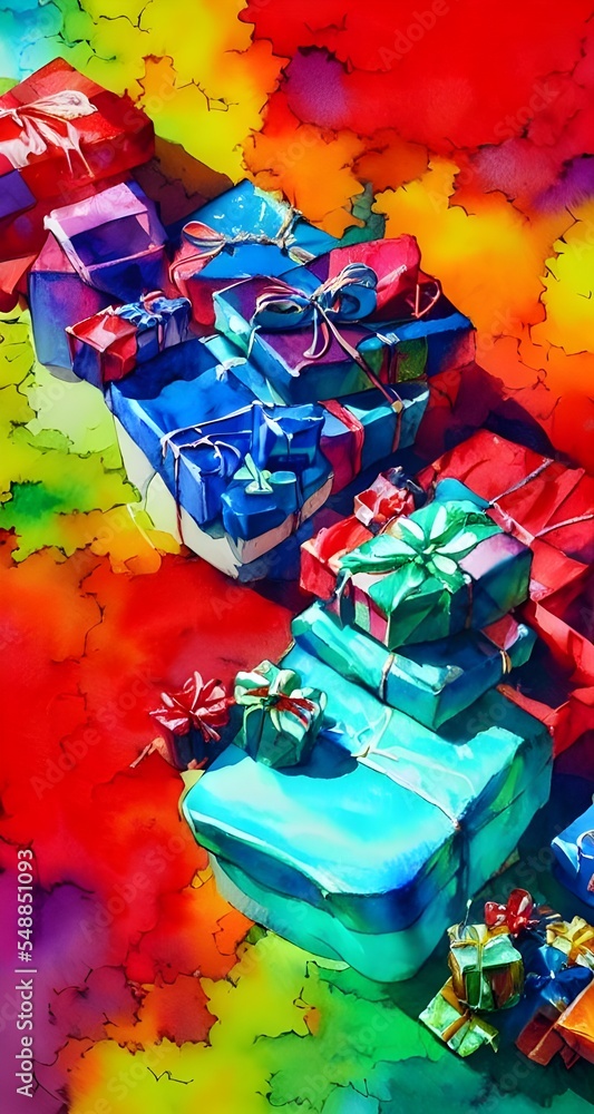 A room filled with presents of all shapes and sizes, wrapped in brightly colored paper and tied with festive bows. Piles of gifts fill the space under a Christmas tree, overflowing onto the floor arou