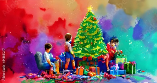 The kids are tearing open their gifts with excitement. The brightly wrapped packages contain all sorts of toys and treats. There's laughter and shouting as they race to see what Santa brought them.