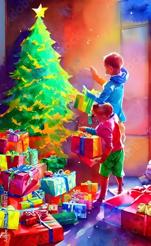 The kids are sitting around the Christmas tree, tearing open their gifts. They're laughing and smiling and having a great time.