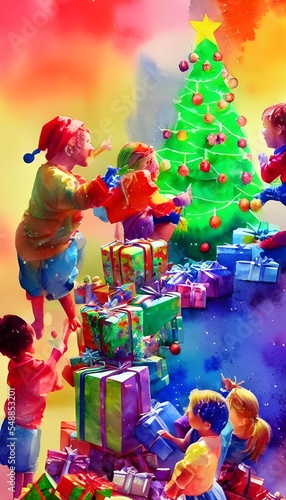 The kids are opening their Christmas gifts with excited looks on their faces. Some of the gifts are wrapped in colorful paper while others are simply handed to them without any wrapping at all. There 