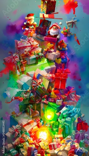 The Christmas gifts are wrapped in shiny paper and tied with beautiful bows. They are piled high under the tree, waiting to be opened on Christmas morning.