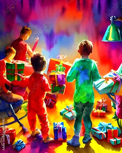 The kids are eagerly opening their Christmas gifts. Their faces light up with each new toy they find. They tear through the wrapping paper, looking for the next surprise.