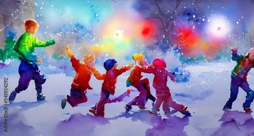 The kids are throwing snowballs and laughing. The snow is flying through the air and landing on the ground with a soft thud.