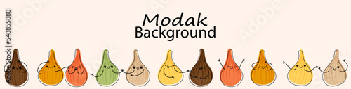 Background with modak kawaii characters vector illustration. Traditional Indian steamed food. Sweet festive dumplings of different colors and emotions. Poster template