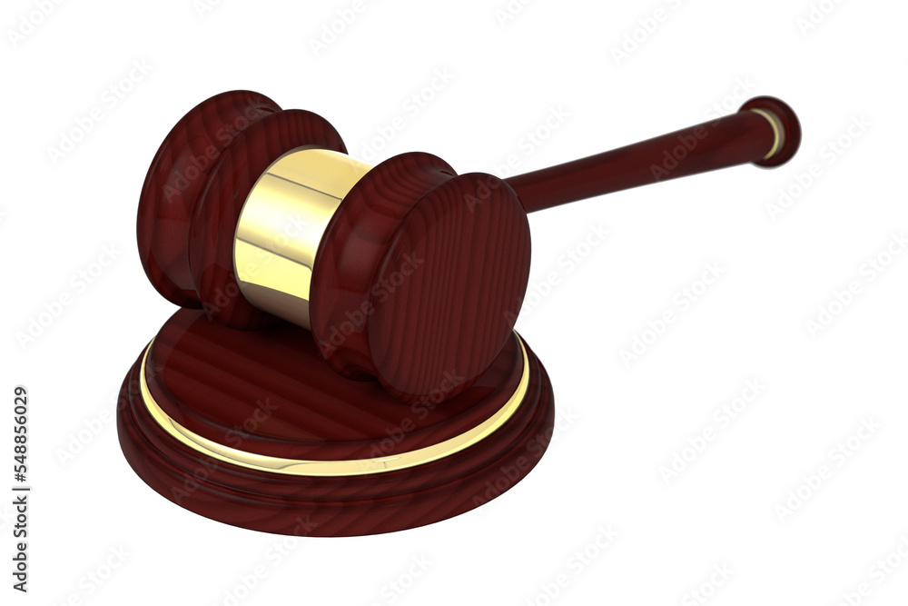 Wooden judge gavel and soundboard, PNG isolated on transparent background