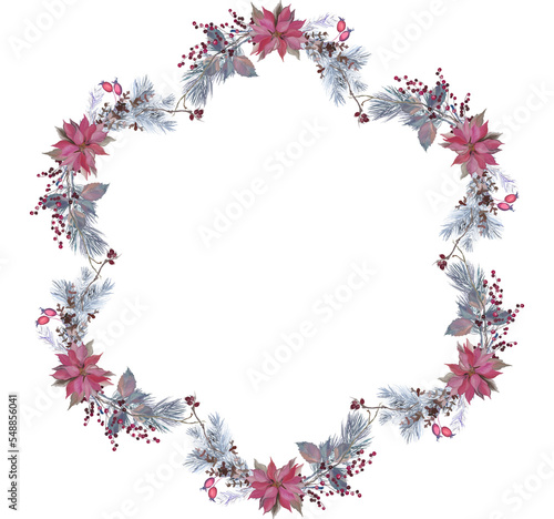 Winter decorative Christmas wreath with poinsettia