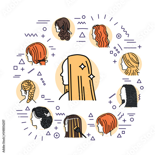 Women`s hairstyles web banner. Infographics with linear icons
