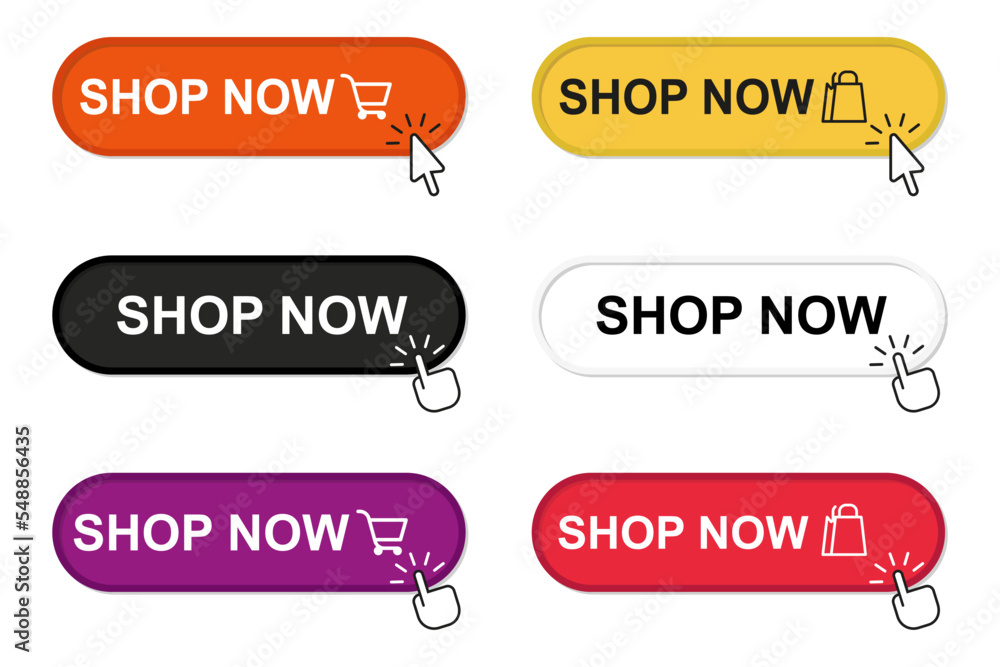 Online shopping. Click here, apply, buttons hand pointer clicking. Shop now button. Vector illustration in flat design Online shopping. Click here, apply, buttons hand pointer clicking. Shop now button. Vector illustration in flat design