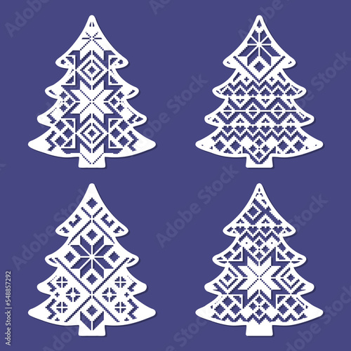 Christmas trees. A set of templates for laser cutting of paper, cardboard, wood, metal. For the design of Christmas tree decorations, New Year and Christmas decor, stencils, silkscreen printing. Vecto