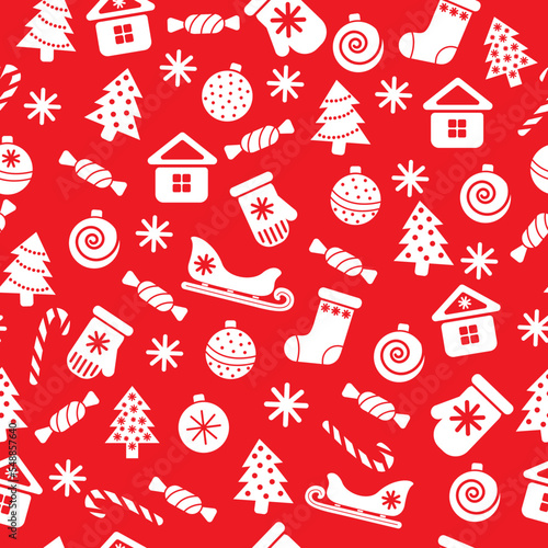 Christmas icon seamless pattern for wrapping paper and greeting card. Doodle style, vector. Isolated on the red background