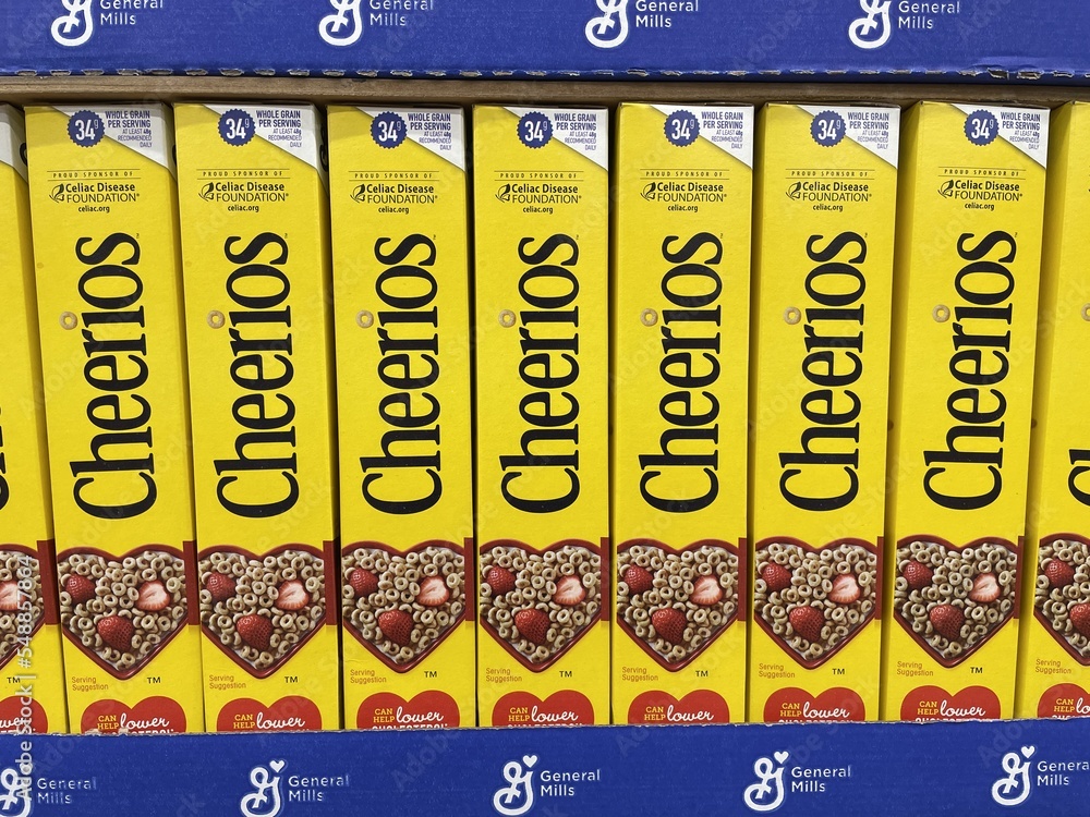 Cheerios oat cereal display. Cheerios is a product of General Mills and