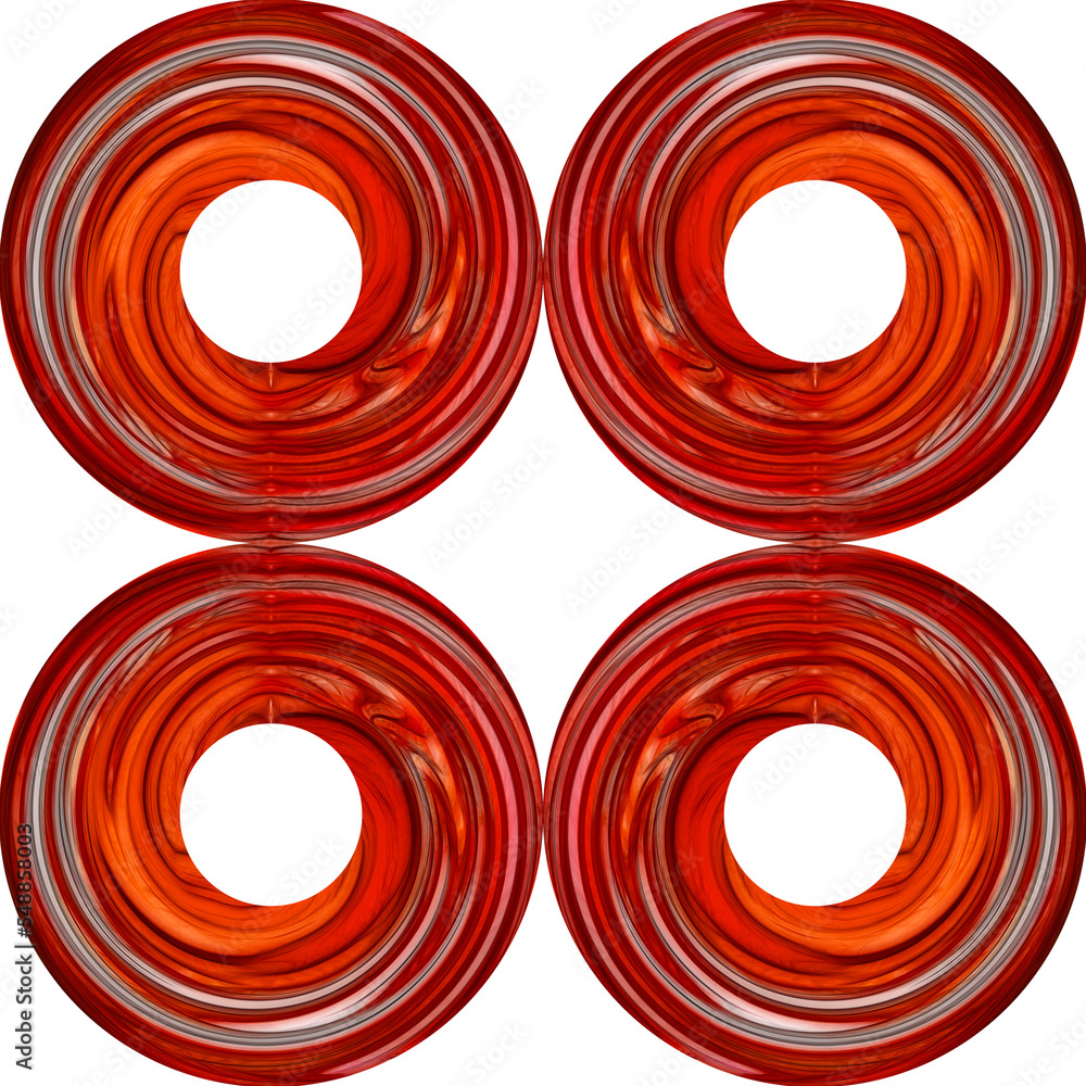 Red seamless symmetrical round texture on a white background. Isolated 3D image of rings with white stripes.
Red seamless symmetrical round texture on a white background. Isolated 3D image of rings with white stripes.