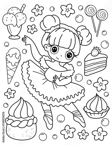 Coloring book with ballerina. Dancing. Black and white vector illustration.