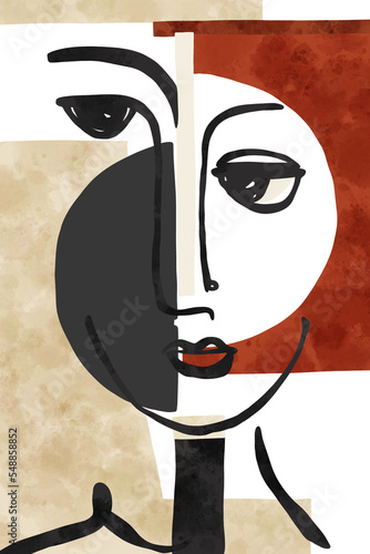 Hand drawn abstract face, Red and beige geometric shapes minimal design. Trendy portrait. Creative artistic posters. Design for wallpaper, wall decor, print, cardbackground, social media, cover.  photo