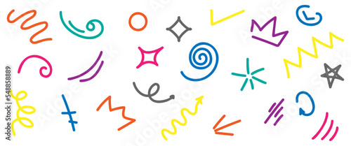 Fun colorful line doodle shape icons. Design for children or party celebration with basic shapes photo