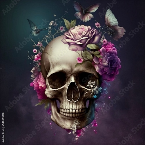 portrait of human skull with butterflies and flowers - Generative AI