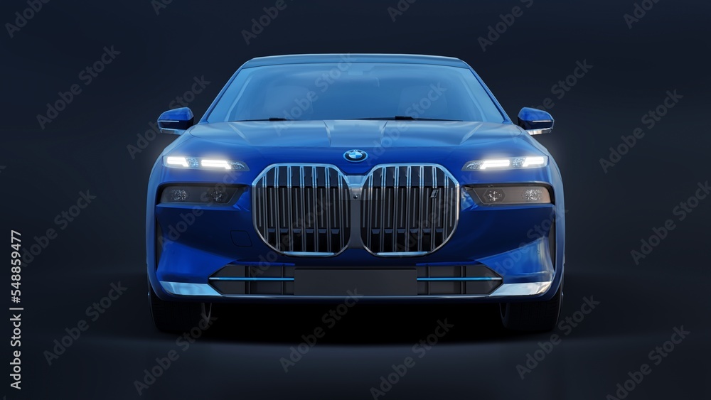 Berlin. Germany. November 17, 2022. BMW i7 2023. Blue premium electric ...