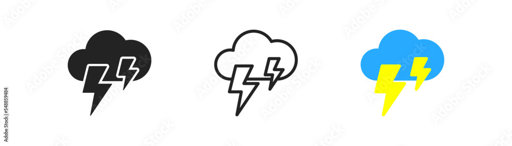 Thunder cloud icon on light background. Blue cloud with yellow lightning in flat style. Forecast concept. Rainstorm symbol. Simple design. Vector illustration. Thunder cloud icon on light background. Blue cloud with yellow lightning in flat style. Forecast concept. Rainstorm symbol. Simple design. Vector illustration.