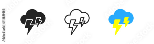 Thunder cloud icon on light background. Blue cloud with yellow lightning in flat style. Forecast concept. Rainstorm symbol. Simple design. Vector illustration.