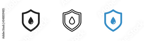 Waterproof icon on light background. Blue water drop with shield. Hydrophobic concept. Water resistant. Safety, protection symbol. Flat design.