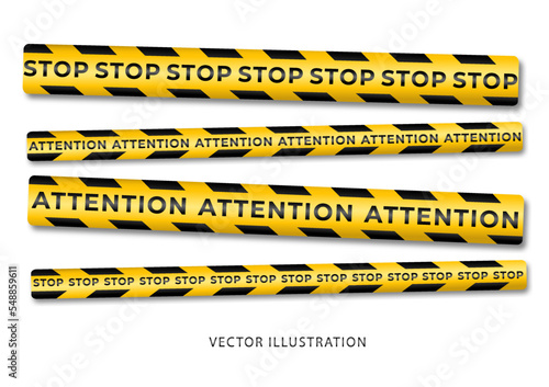 3D vector warning tapes set for construction and crime with text stop and attention
