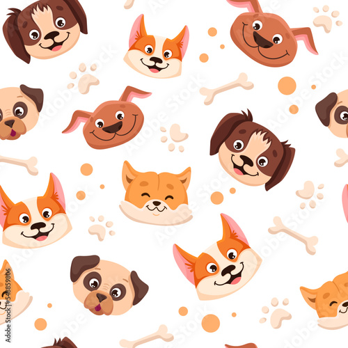 Seamless pattern with cute dogs of different breed. Colorful childish texture with pets for fabric  textile  wrapping paper. Vector cartoon Illustration