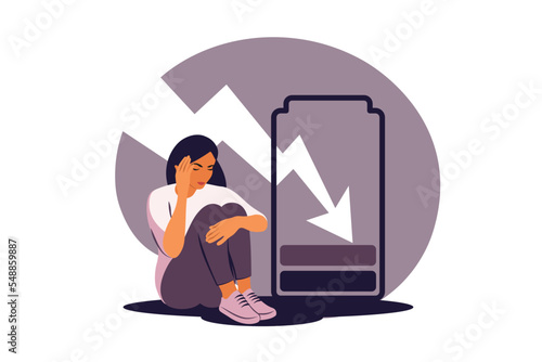 Low energy and burnaut concept. Young depressed tired woman feeling totally exhausted like a dead battery. Vector illustration