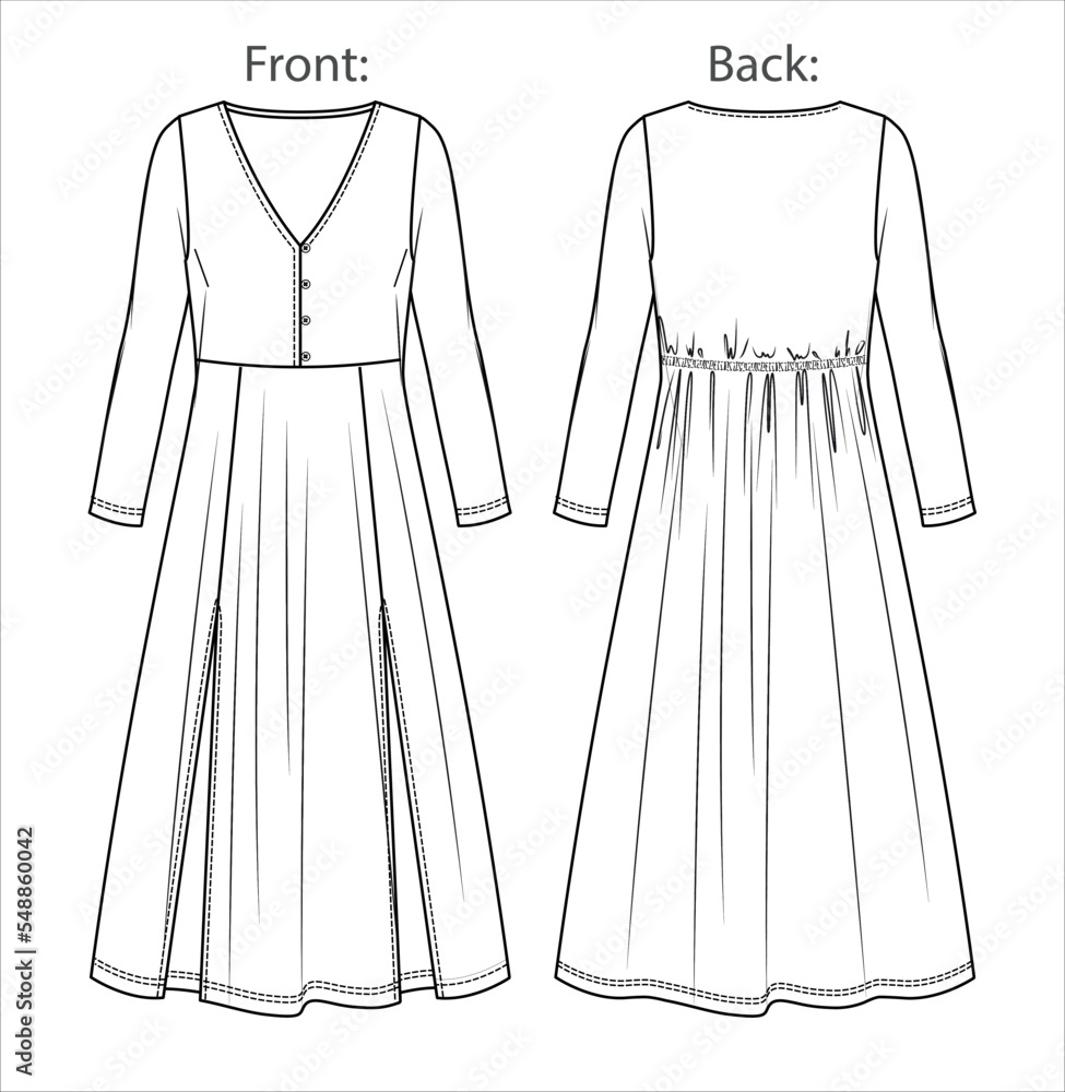 Vector maxi bohemian dress fashion CAD, woman flared V neck long dress