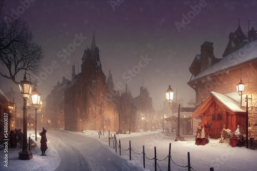 snowy town landscape with cozy, warm lighting.