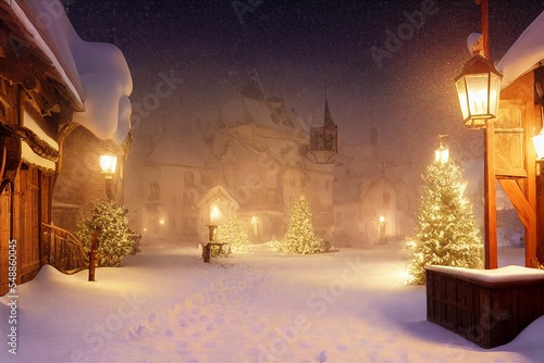 snowy town landscape with cozy, warm lighting.