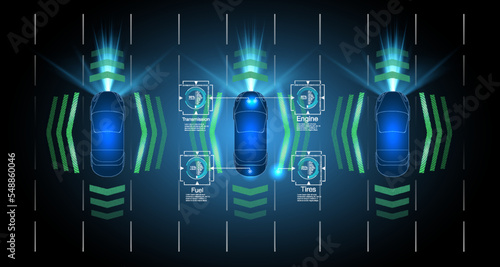 Smart cars driving on the road, driverless vehicles, top view. ADAS, ITS system. Smart car (HUD) Car top view with electronic digital interface, parameters and options, scans the road