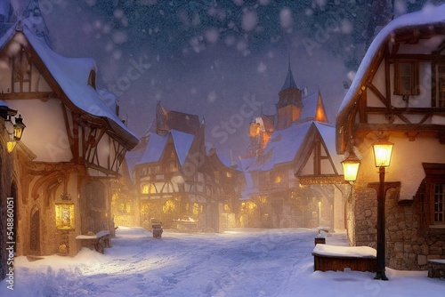 snowy town landscape with cozy  warm lighting.