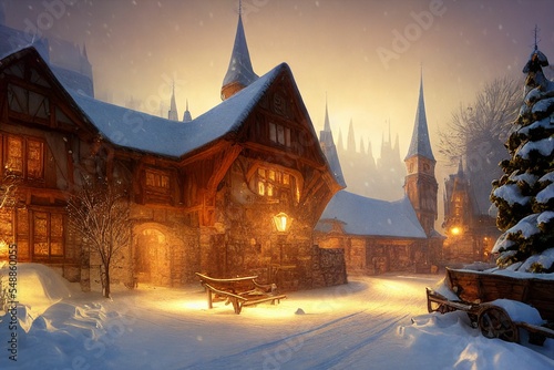 snowy town landscape with cozy, warm lighting. © maciek