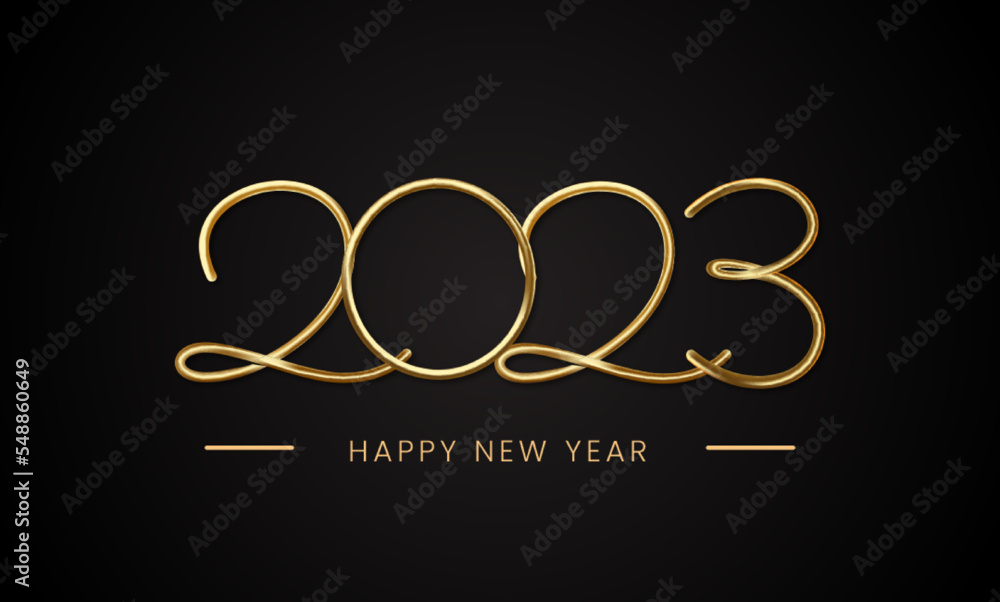 Happy new 2023 year holiday sign with golden 2023 numbers Happy new 2023 year holiday sign with golden 2023 numbers