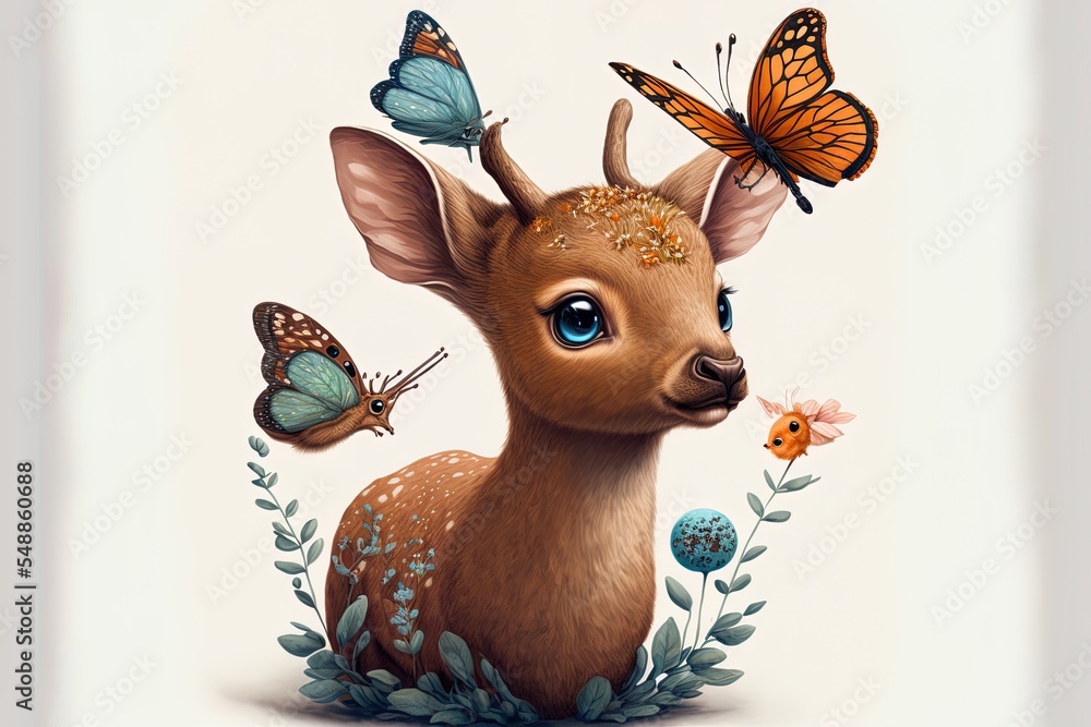 Cute Baby Deer And Butterflies 2D Illustrated Illustration