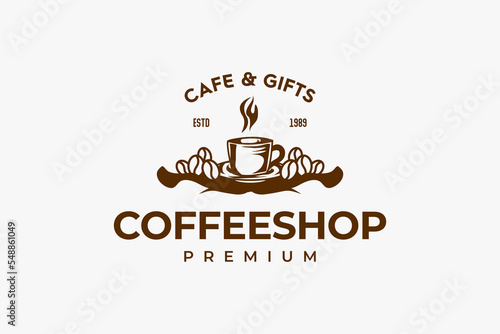 cafe logo with cup and coffee beans