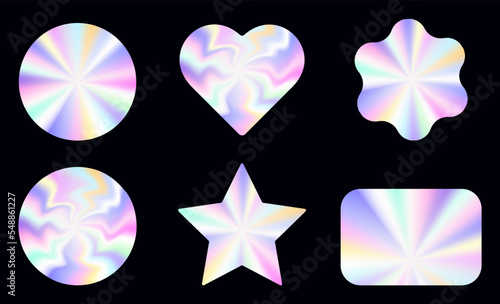 Holographic template sticker set in a trendy y2k style.Vector Graphic with textured foil effect.