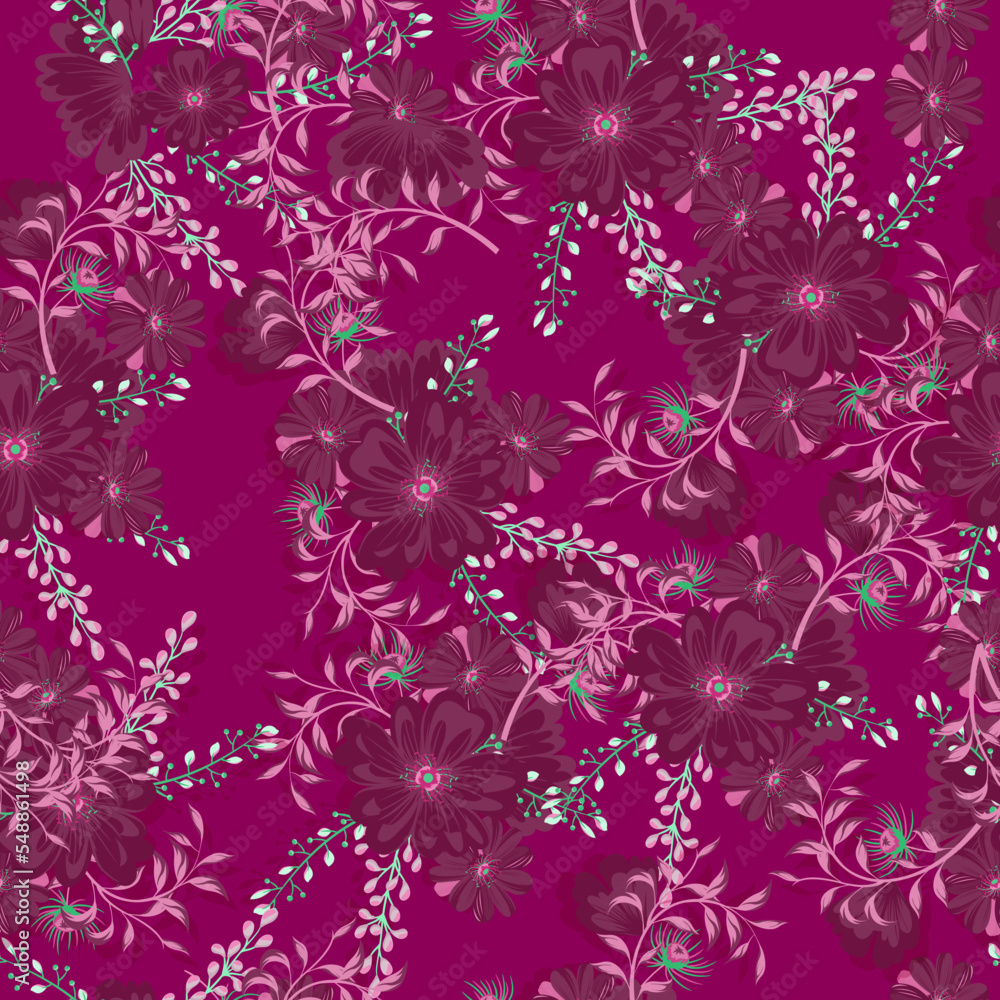 Full seamless floral pattern with daisies on a fuchsia background. Vector for textile fabric print. Great for dress fabrics, wrapping, textures, backgrounds.