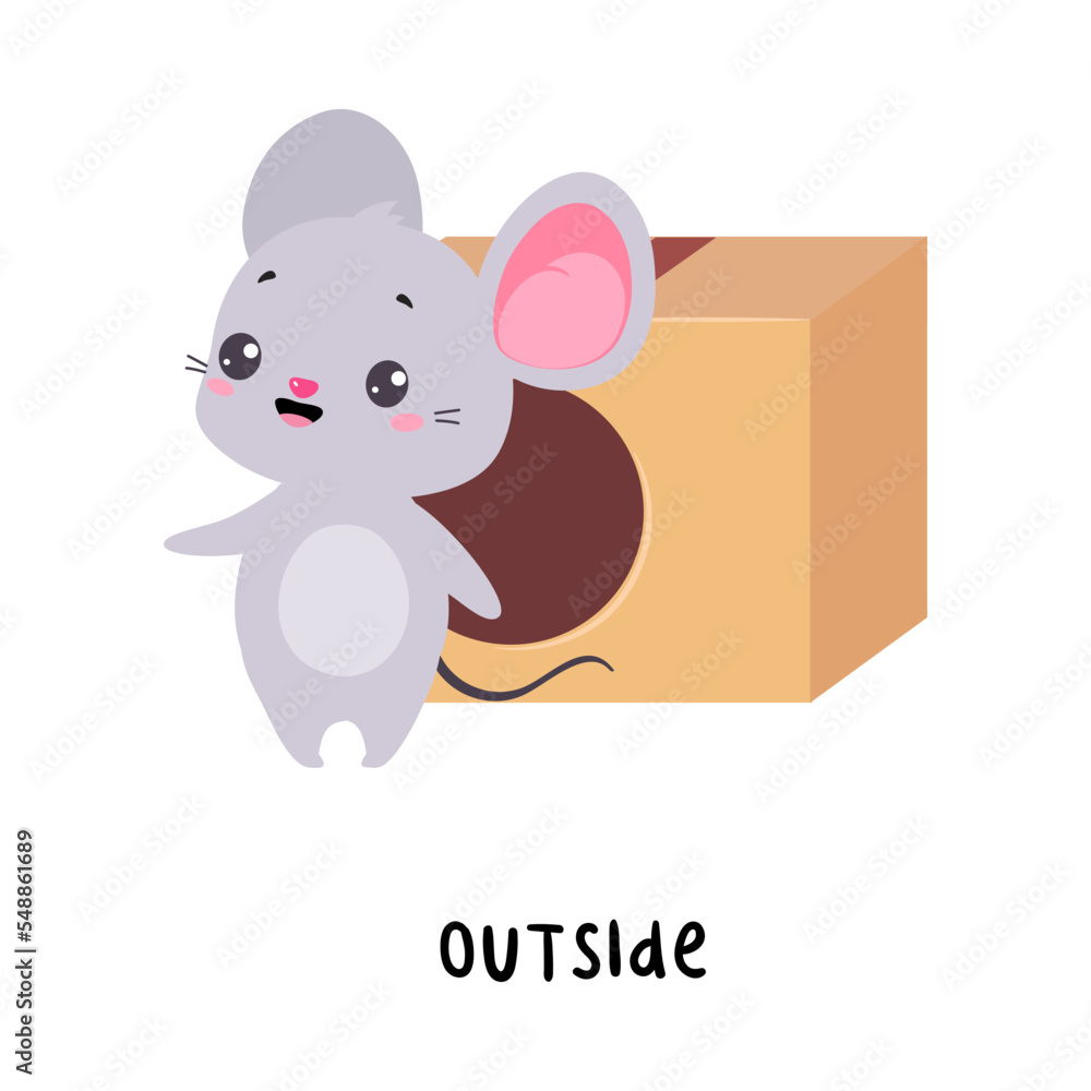 Little Mouse Standing Outside Cardboard Box as English Language Preposition for Educational Activity Vector Illustration