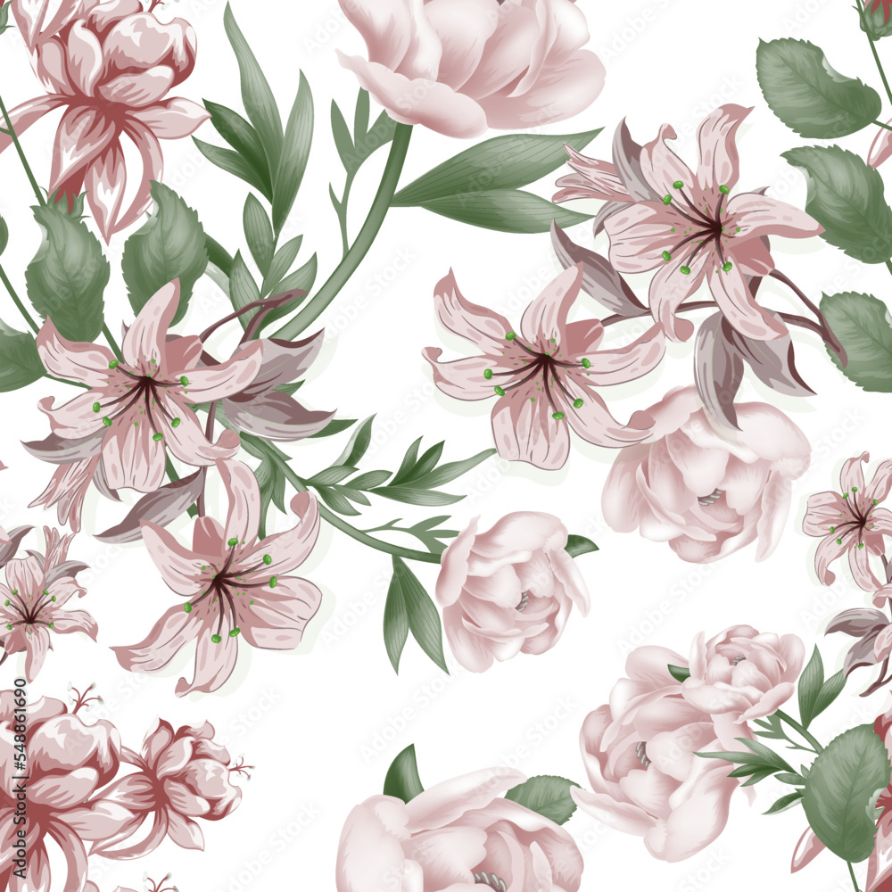 Full seamless pink lilium floral pattern background for fabric print. Lilies illustration. Lily flowers leaves vector design for women dress and textile.