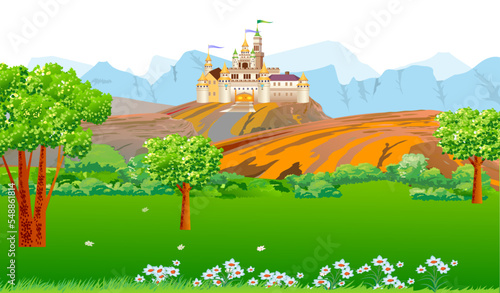 Vector illustration of a fairy tale castle landscape in the mountains. Impregnable medieval fortress. Cartoon style.