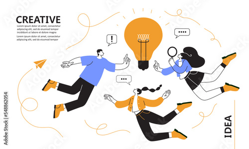 Vector illustration. people moving around a bulb, a metaphor for the birth of a creative idea. Team thinking and brainstorming. Business concept analysis. graphic design idea of project activity